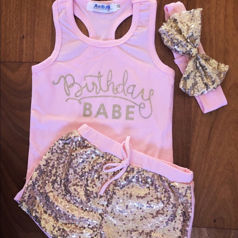 Birthday Babe sequence pink and gold bday outfit